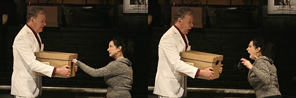 Todd Robbins invites a member of the audience to stick her hand into a box full of evil during Play Dead at the Geffen Playhouse. | Photo: Michael Lamont<br />