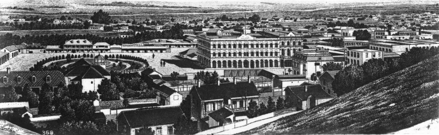 Drawing of Plaza and Mission from Fort Hill, Los Angeles, ca.1876