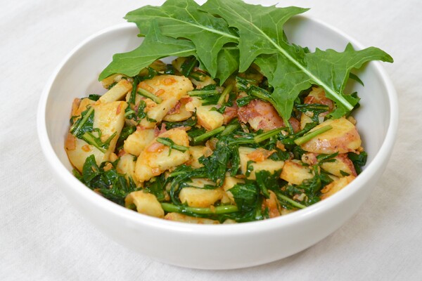 Smoky, Garlicky Potatoes and Dandelion Greens
