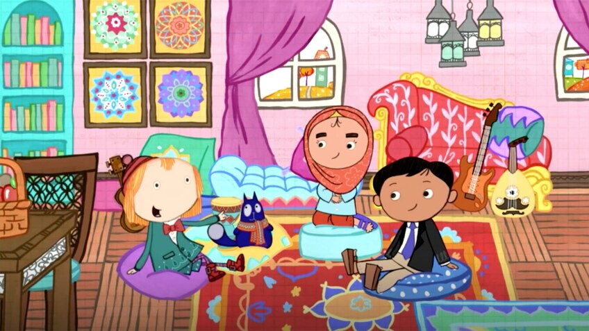 Caricatura de una sala con tres niños, una con un hijab, y un gato.