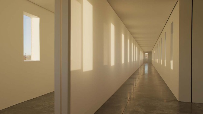 A large-scale Light and Space artwork from Robert Irwin called "untitled (dawn to dusk)" in the daylight. | Still from Artbound "Light & Space" ab s11