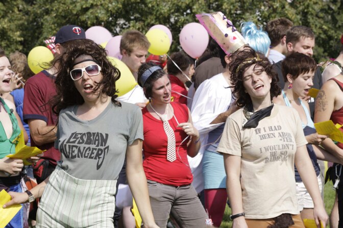 A group of people perform “Revolutionary Love: I am Your Worst Fear, I am Your Best Fantasy” (2008). | Courtesy of UCLA