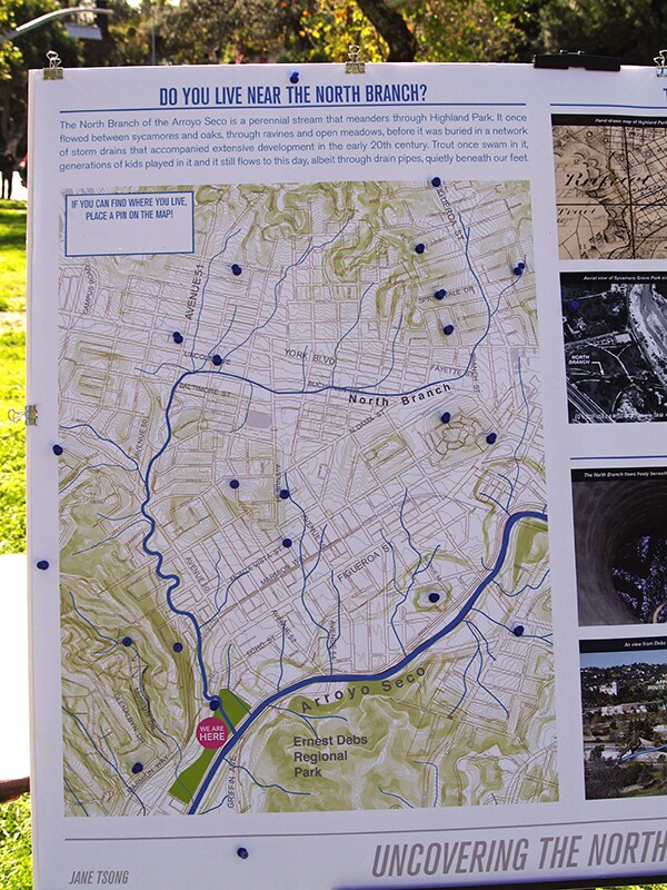 Map of the North Branch as it winds through Highland Park. Participants at the Living Museum event were asked to mark where they live along the creek's route. Photo by Jane Tsong. Original posters for event created by Joshua Link.