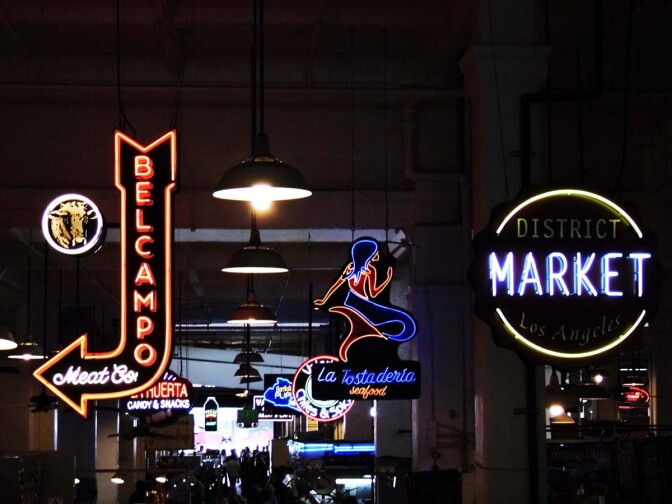 Vendor neon signs at Grand Central Market. | Sandi Hemmerlein