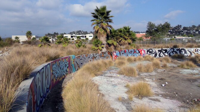 The Bowtie project's graffitied roundhouse foundation. | Sandi Hemmerlein