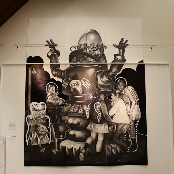 An untitled piece by Hugo Crosthwaite blends the artist's interest in photography, drawing, sci-fi and pre-Columbian history. | Photo: Carolina A. Miranda