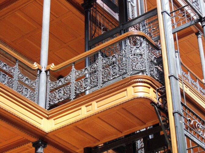 Detail of the Bradbury’s light-filled Victorian atrium. | Sandi Hemmerlein