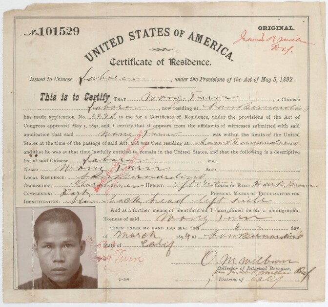 Wong Turn's certificate of registration