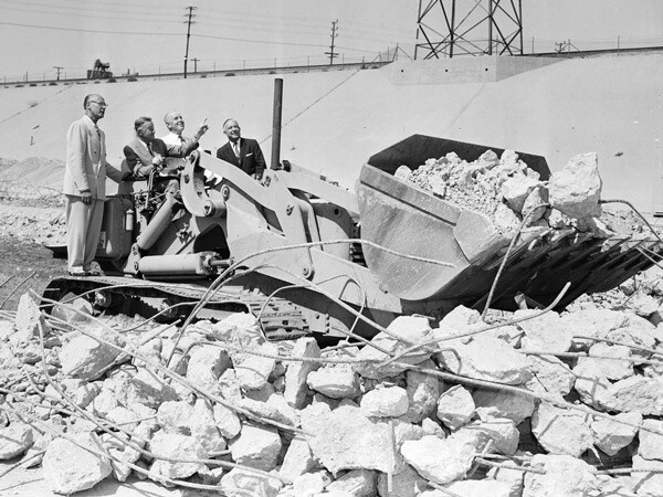 Transportation officials break ground on the Santa Monica Freeway's first segment, a viaduct over the Los Angeles River, on June 17, 1957. Courtesy of the Los Angeles Examiner Collection, USC Libraries.