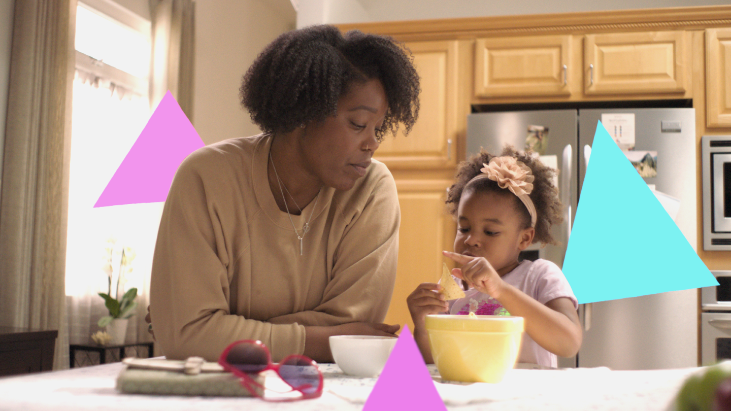 Mother and daughter identifying shapes in the Shapes workshop video as part of the PBS SoCal Family Math initiative.