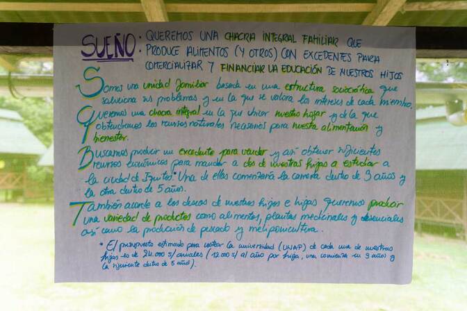 Notes written in Spanish from Chaikuni Institute's 2019 permaculture design course outlining the group's dream to build a chakra integral that produces food to sell and fund their children's education. | Courtesy of Chaikuni Institute
