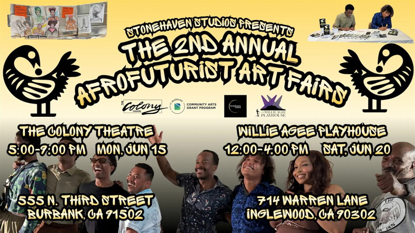 2nd Annual Afrofuturist Art Fair: Industry Night Celebration, event flyer with peole smiling and laughing in groups behind text that gives time date and location information 