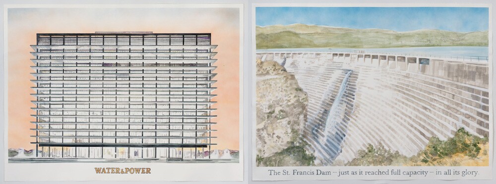 Rob Reynolds, "Photograph of the St. Francis Dam at Capacity,"(left) " and "Water and Power Building, 111 N. Hope St., L.A., CA 90012," (right) 2013.