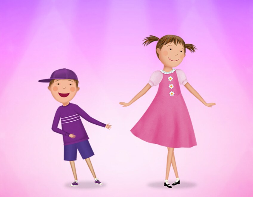 Cartoon of a young boy and s little girl standing up side by side