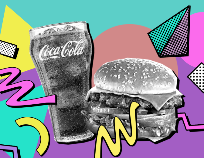 A graphic image of a glass of Coca-cola alongside a big burger