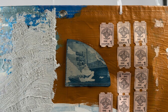 A collage with circus tickets and a face mask.