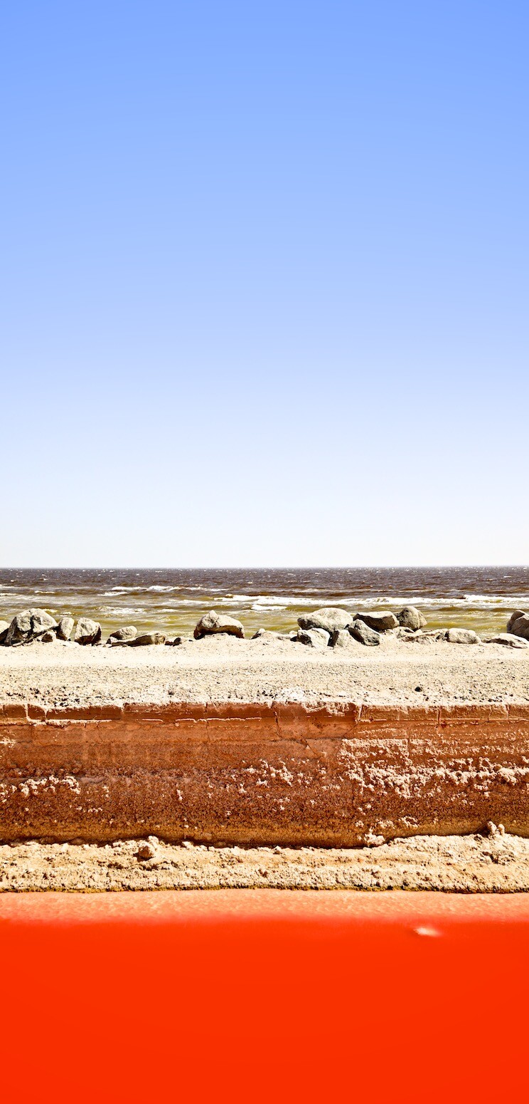 "Sky, Whitecaps, Earth, Halobacteria." Salton Sea, CA. 2014. | Photo: Osceola Refetoff.