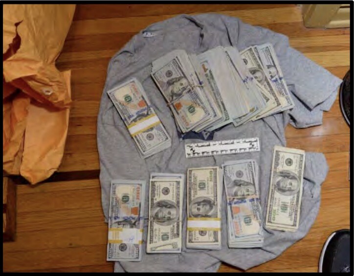 Cash that was found at Councilman Huizar's residence, wrapped in a t-shirt during a FBI search on November 7, 2018 | Photo from USA v. Huizar complaint