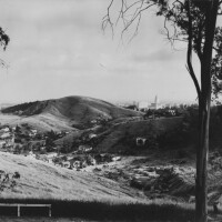 Panoramic view of the community of Chavez Ravine, circa 1952. Photo by Leonard Nadel, courtesy of the Photo Collection, Los Angeles Public Library.