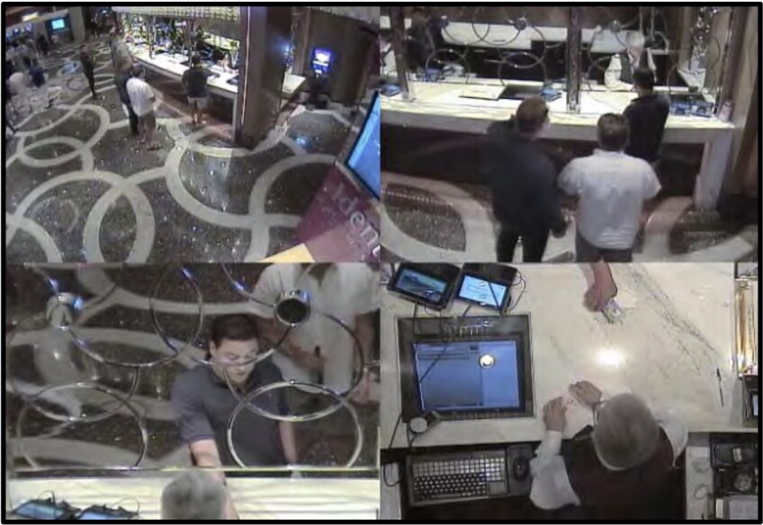 Surveillance video captured during HUIZAR’s August 5 to August 7, 2016 trip to Casino 2, captures HUIZAR cashing out casino chips (that he had obtained from Chairman E) and taking cash from the teller.” | Photo from USA v. Huizar complaint
