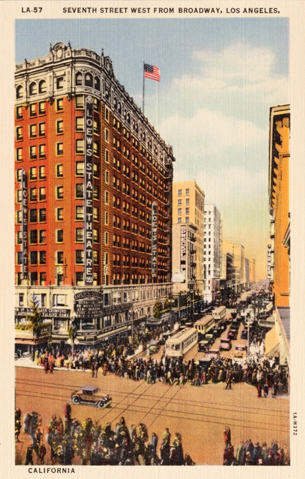 Postcard depicting Seventh and Broadway. Courtesy of the James Rojas Collecton, Metro Transportation Library and Archive. Used under a Creative Commons license.