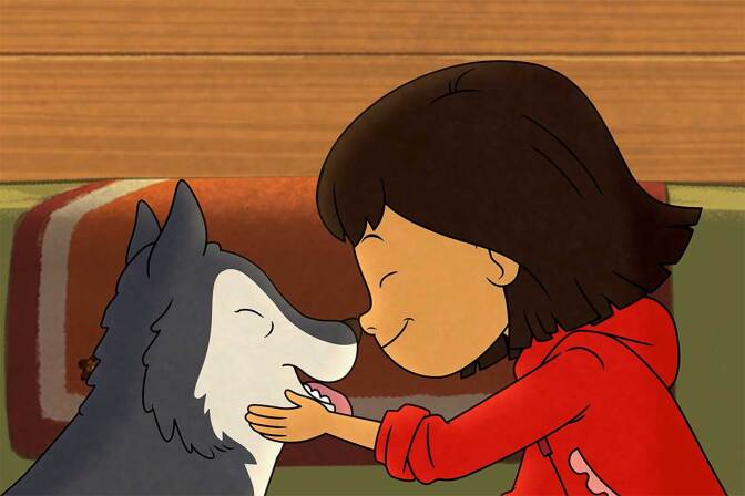 Cartoon of a little girl nuzzling a dog.