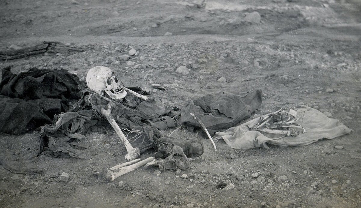 Desert travel was hazardous in Susie and Lula's day. The few waterholes were littered with the remains of bighorn sheep and, occasionally, humans. This skeleton was found by aqueduct surveyors in Thermal Canyon. | Lula Mae Graves. Warner Graves Collection