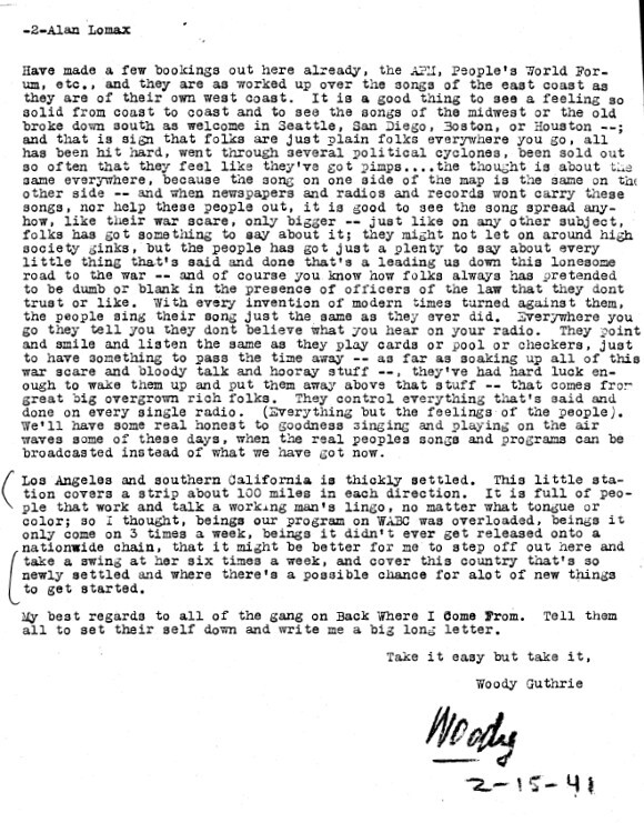 Woody Guthrie, letter to Alan Lomax, 15 February, 1941, Los Angeles, in box 1, Letters, Woody Guthrie Manuscript Collection, American Folklife Center, Library of Congress, Washington, D.C.
