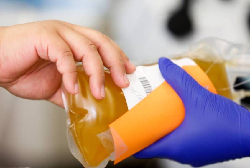 A phlebotomist shows Melissa Cruz the full bag of her donated convalescent plasma, which she donated after recovering from coronavirus (COVID-19)