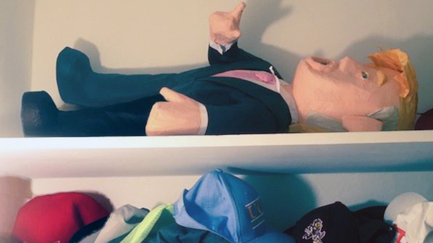 The Donald Trump piñata on a closet shelf | photo by Joe Mathews
