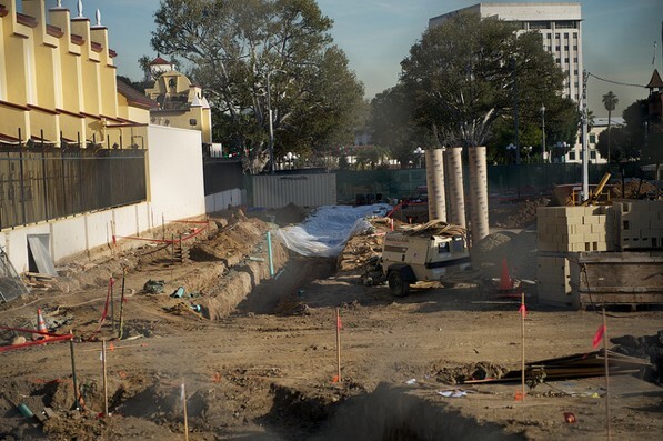 The excavation site at LA Plaza de Cultura y Artes in Downtown L.A. sits empty on Friday after work was halted | Photo by Seth Strongin/The City Project, used under a Creative Commons License