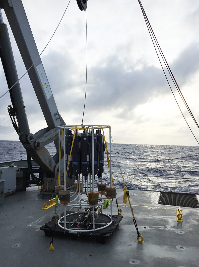 A CTD-rosette, an instrument that measures conductivity, temperature and density, onboard an oceanographic research ship. | Naomi Levine