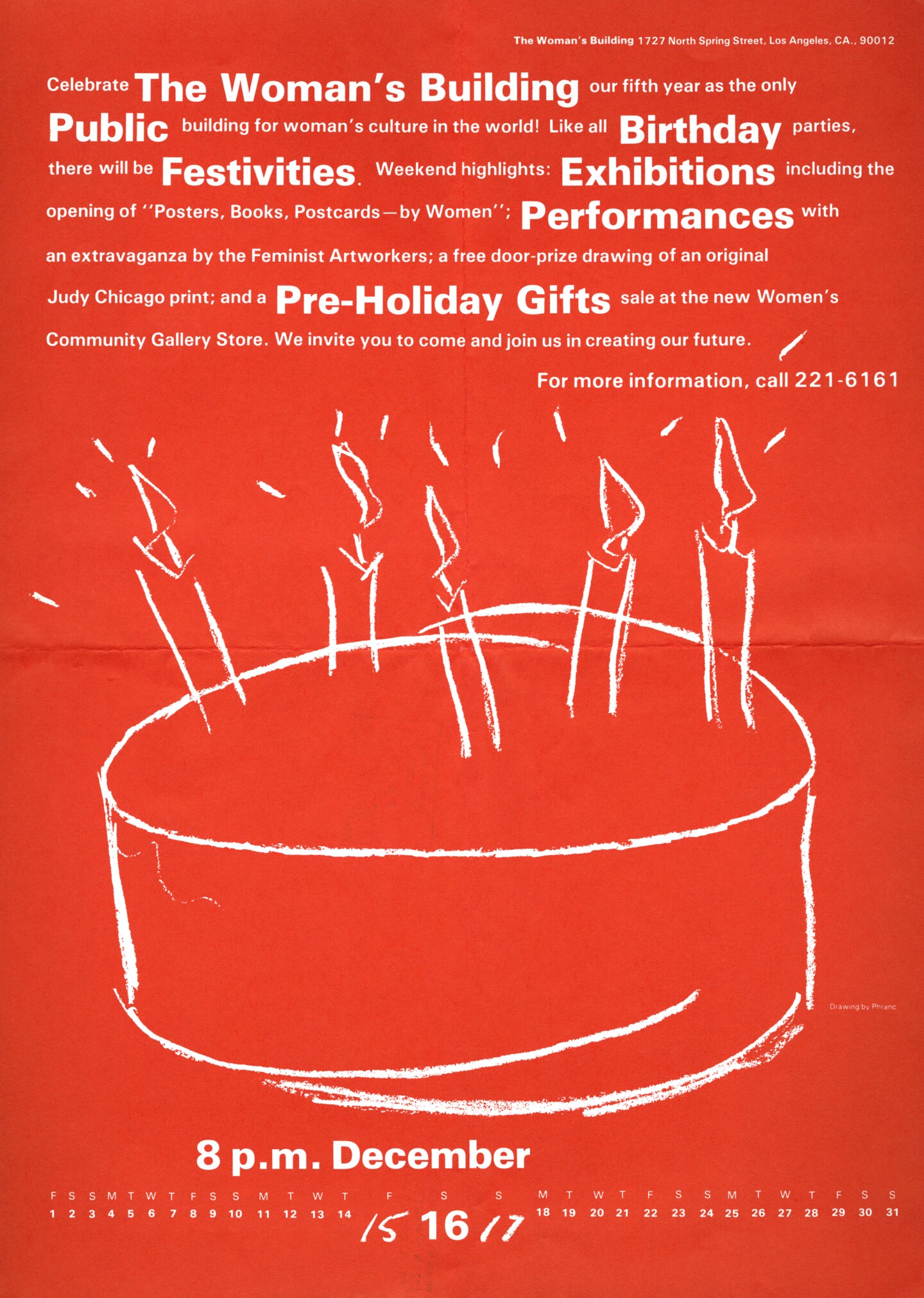 Woman's Building Fifth Anniversary poster designed by Sheila De Bretteville with an illustration by Phranc.