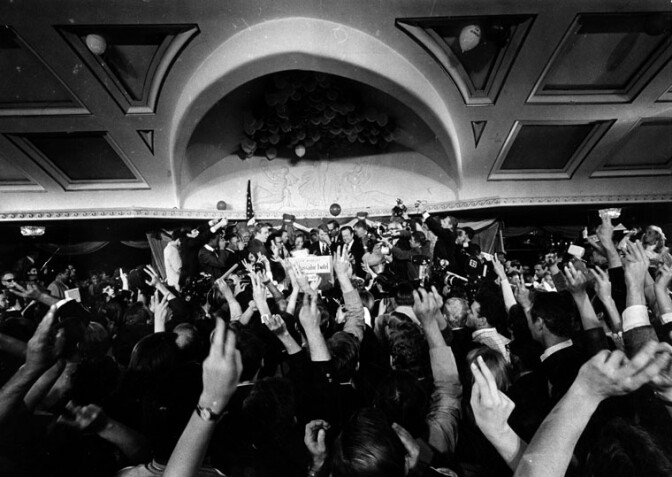 Sen. Robert F. Kennedy's moment of victory in the Ambassador Hotel, minutes before he would be shot and killed
