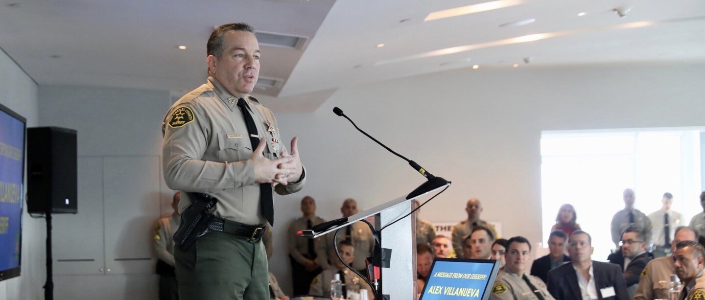 Sheriff Alex Villanueva speaking to city managers of contract cities. Cropped