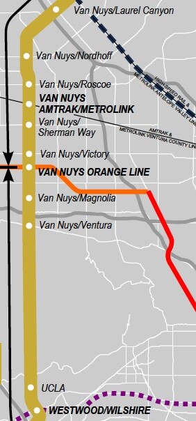 Detail view of the Transit Coalition's vision of a Valley to Westside transit corridor