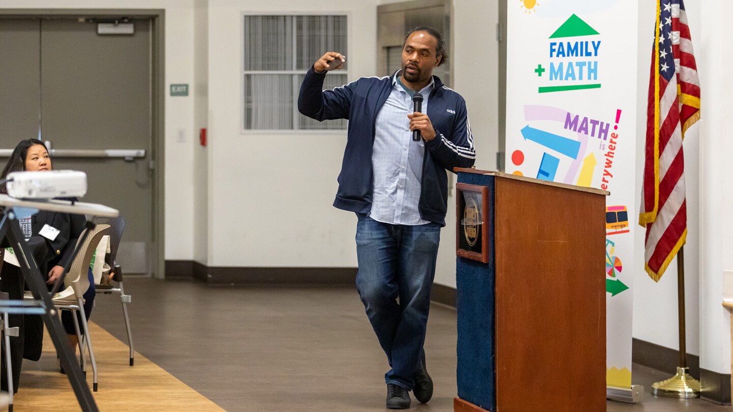 Omo Moses speaks at the PBS SoCal Family Math Convening. | Mae Koo