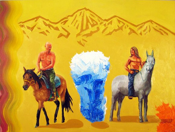 <em>Mark and Vlad enter the Forbidden Zone</em>. Oil on wood, 2012.