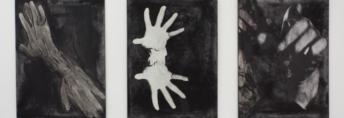 Installation view of "Kandis Williams: Disfiguring Traditions" at SADE gallery, 2016.