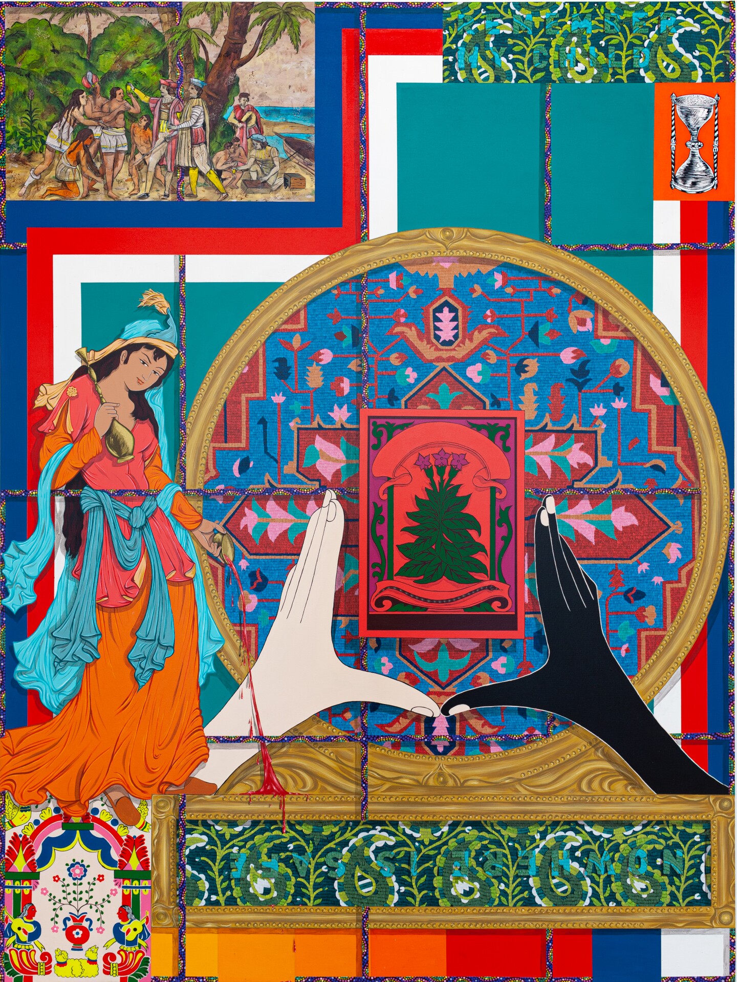 A women on the side as a circular frame shows two hands — one white and one black.