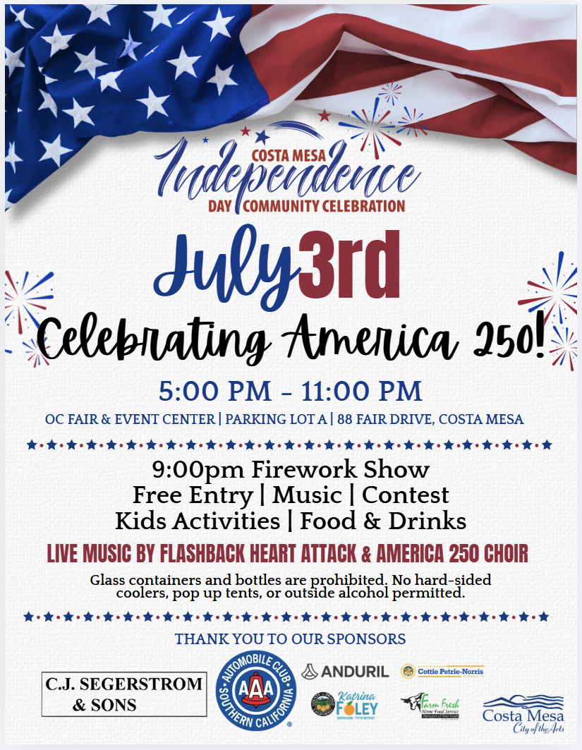 Costa Mesa Independence Day Community Celebration, flyer with event information and an American flag at the top