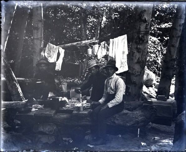 The same three Pomona College hikers, camping beneath Mount Baldy in the San Gabriel Mountains. Courtesy of the Boynton Collection of Early Claremont, Honnold Mudd Library. Special Collections.