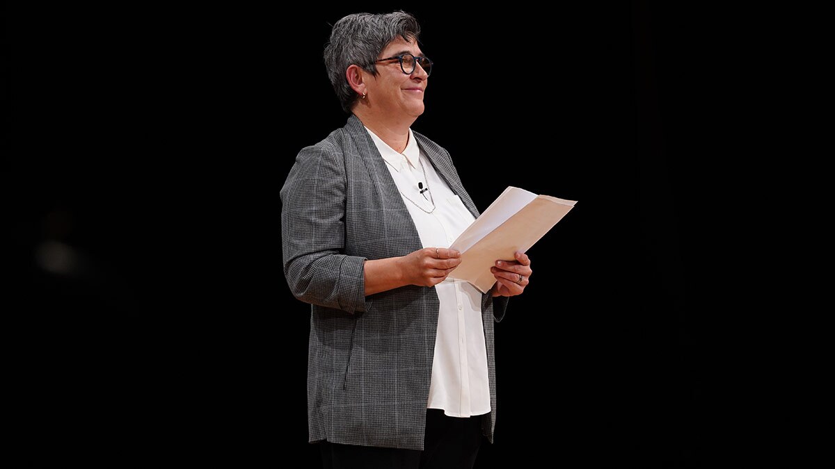 Kristy Edmunds on stage at a “10 Questions” event in 2019. | Phinn Sriployrung/UCLA