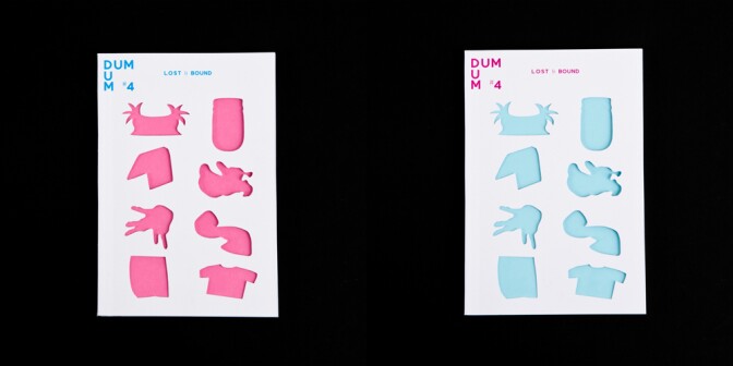The front covers of DUM DUM Zine's fourth issue, which was printed half in blue and half in pink. The top of the covers read, "Lost & Bound." Below are cutouts of mystery images, revealing a pink or blue background.