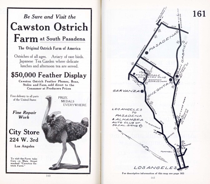 The Auto Club's first map product, a 1910 tour guide, featured an ad for the Cawston Ostrich Farm. Courtesy of the Automobile Club of Southern California Archives.