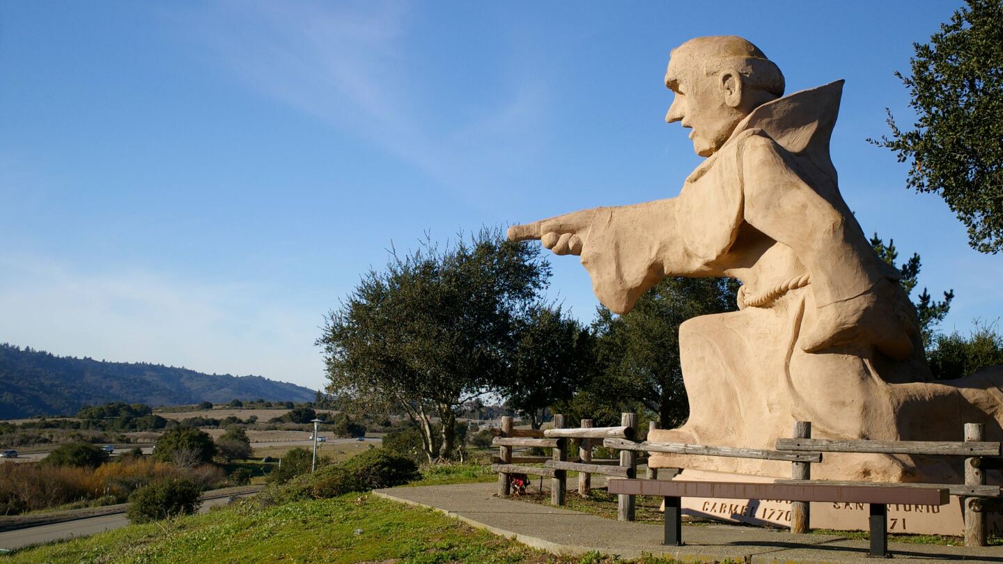 This statue of Junipero Serra towers over Interstate 280 near the Crystal Springs Reservoir south of San Francisco.