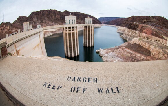 Intake towers poke out of the water at Hoover Dam. | Photo: Brittany App.