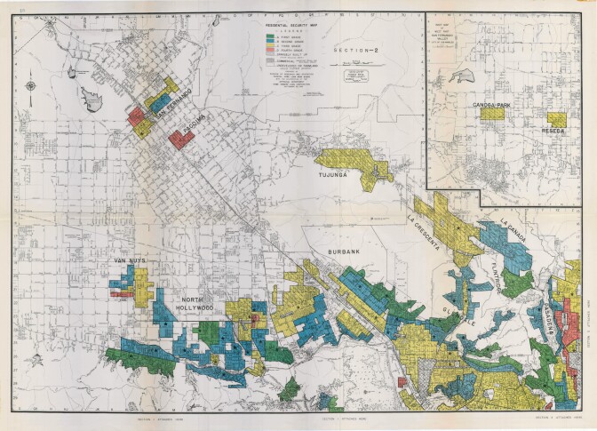 1939 HOLC "redlining" map of north Los Angeles