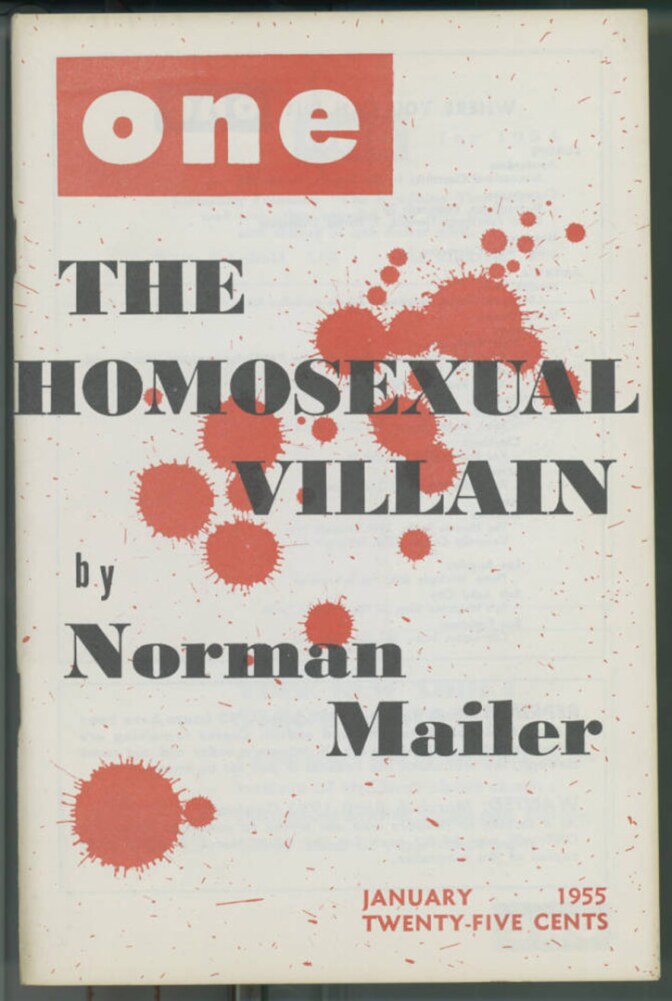 Cover of One magazine featuring "The homosexual villain" by Norman Mailer, 1955. | ONE National Gay and Lesbian Archives, USC Libraries