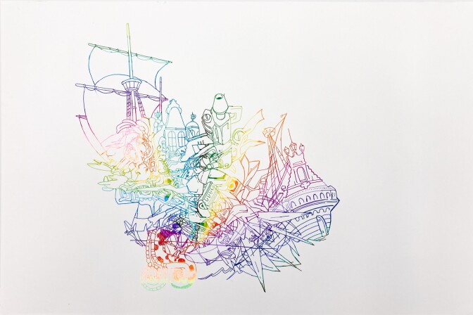 David Rios Ferreira's "Untitled" depicts a colorful ship looking like it's flying.